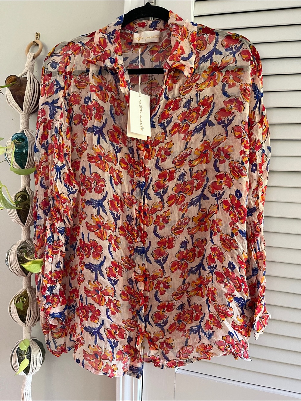 Natalie Martin Sheer Floral Button-Down Top - Red & Blue Print